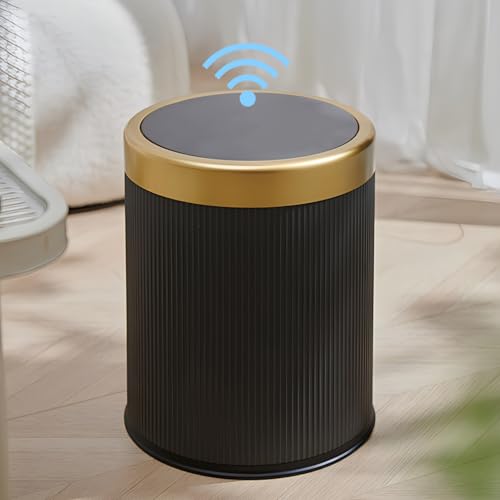 URALFA Automatic Bathroom Trash Can with Lid, Motion Sensor Trash Can | 3.7 Gal Bathroom Garbage Can Touchless, Smart Waterproof Trash Bin for Bedroom, Office, Restroom, Black and Gold - color: Dark Grey, size: 3.7 Gallon