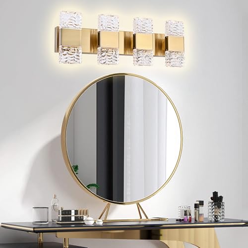 MELUCEE 4 Lights Bathroom Vanity Light Fixtures 3000K Warm Lighting | 23.6 in Modern LED Vanity Lighting Fixture Brass Crystal Vanity Light Bar 32W LED Wall Mounted Lamp Above Mirror Sink - color: Brass, size: 4 Lights