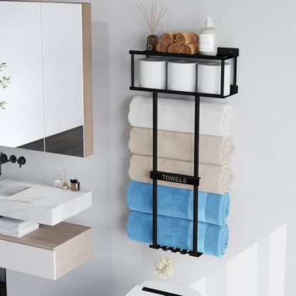 STWWO Bathroom Towel Storage Rack, 31” Towel Organizer with Storage Basket | Metal Bathroom Towel Holder with Shelf, Towel Rack with 3 Hooks for RV, Apt, Small Bathroom, Holds 5 Large Towels, Black