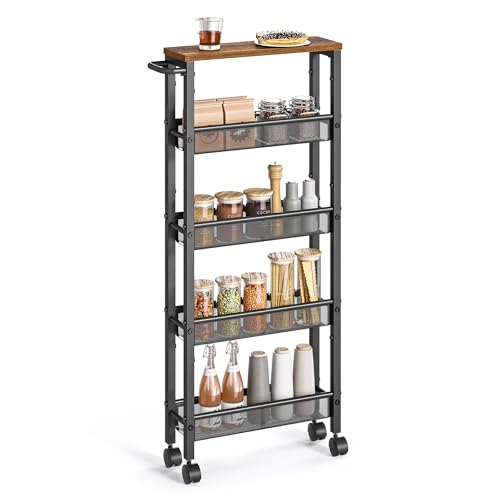 VASAGLE Slim Rolling Cart, 5-Tier Storage Cart, Narrow Carts with Handle, 5.1 Inches Deep, Metal Frame, for Kitchen, Dining Room, Living Room, Home Office, Rustic Brown and Classic Black ULRC034B01 - color: Rustic Brown + Classic Black, size: 5 Tiers (5.1
