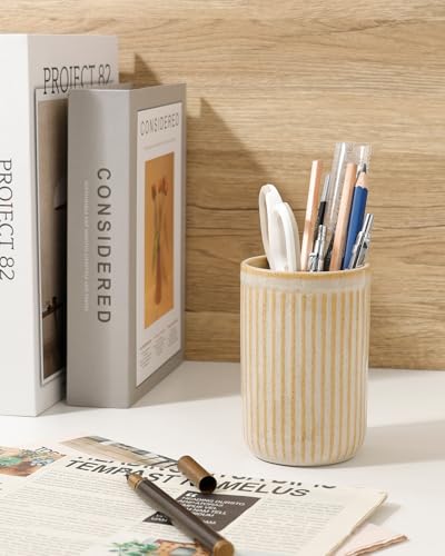 BosilunLife Ceramic Toothbrush Holder - 12oz Bathroom Toothbrush Holder Tooth Brush Holders Tumbler Cups Reusable Toothbrush Mouthwash Cup Small Toothbrush and Toothpaste Holder, Striped Greige - color: Greige-vsc, size: striped-cylinder