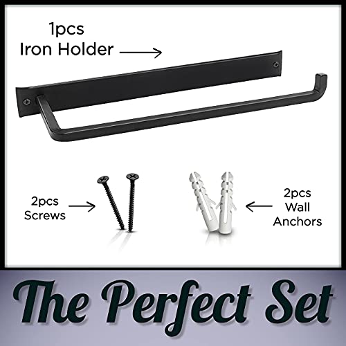 Wrought Iron Paper Towel Holder - Wall Mount Paper Towel Rack for Kitchen, Rustic Wall Mount Holder for Farmhouse Style Homes & Vintage Houses, Black, 13.7 x 4.5 x 1.5 Inches