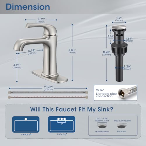 Brushed Nickel Bathroom Faucet, Brass Single Hole Bathroom Faucets for 1 or 3 Holes, Vanity Faucet with Supply Lines and Deck Plate, Pop Up Drain - color: A-Brushed Nickel