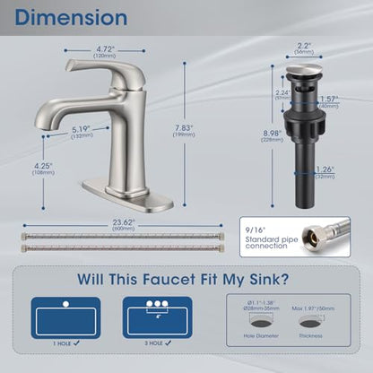 Brushed Nickel Bathroom Faucet, Brass Single Hole Bathroom Faucets for 1 or 3 Holes, Vanity Faucet with Supply Lines and Deck Plate, Pop Up Drain - color: A-Brushed Nickel