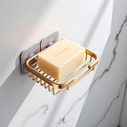Gold Bar Soap Holder for Shower Wall, Stainless Steel Adhesive Soap Dish for Bathroom, Drill Free Soap Holder Storage Rack Soap Dishes, Holders and Dispensers, Bathroom Soap Dishes