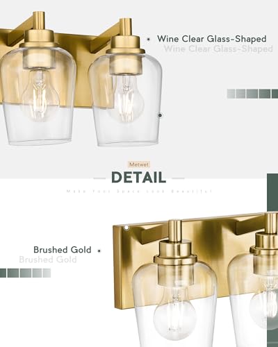 3-Light Brushed Gold Bathroom Vanity Light, Wine Clear Glass Shades | 17" modern bathroom light fixtures over mirror, E26 base, bulbs not included, VL155-BG-3 - color: Brushed Gold, Wine Glass Shade, size: 3-light