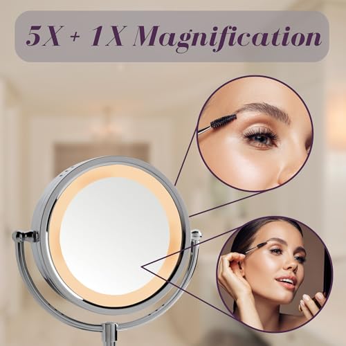 JERDON Lighted Makeup Mirror with 5X Magnification - Chrome - HL745CO | Two-Sided 1X View, 8.5" Diameter, 15.5" Tall, Halo Lighting - color: Chrome