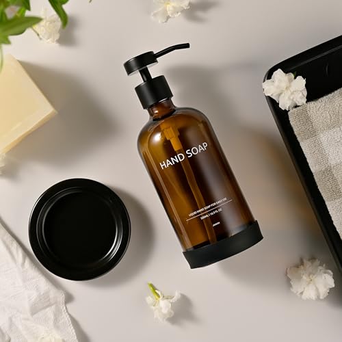 Glass Soap Dispenser Bathroom Set by Janxin, Foaming Kitchen soap Dispenser with Ceramic Tray for Dish Soap, Liquid Soap Dispenser for Hand Soap, Lotion, Body Wash (Amber) - color: Amber H