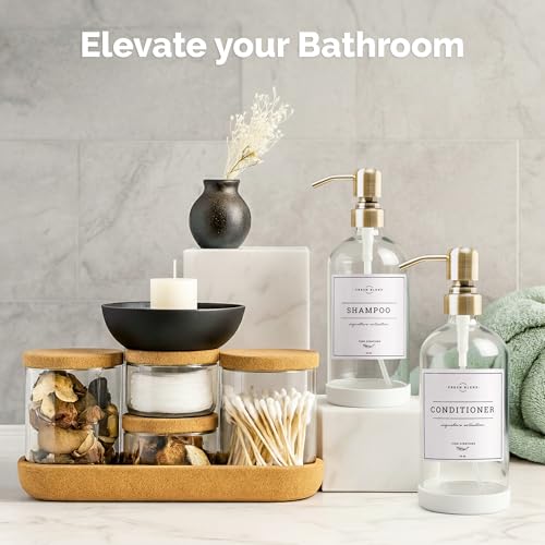Vine Creations Clear Glass Soap Dispenser, 2 Pack Kitchen Soap Dispenser Set with Stainless Steel Pump, 16 oz Dish Soap and Hand Soap Dispensers for Bathroom with Waterproof Labels - color: Clear Bottle / Brushed Brass Pump