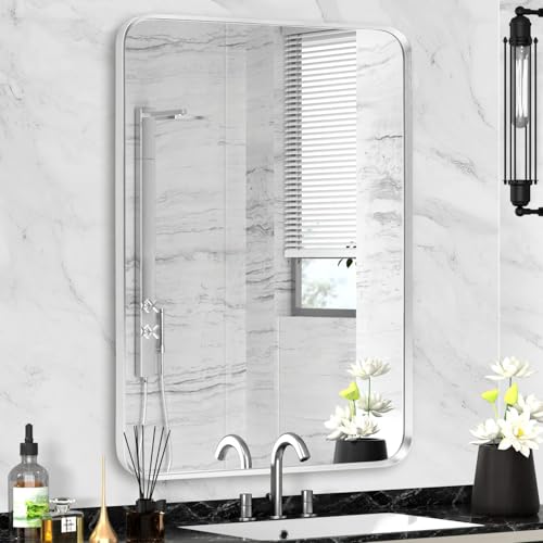 Silver Bathroom Mirror 22x30in, Metal Framed Rounded Rectangle | Tempered Glass, Shatter Proof, Anti-Rust Frame, Hangs Horizontal or Vertical - color: Silver, size: 30"L x 22"W, style: Rectangle