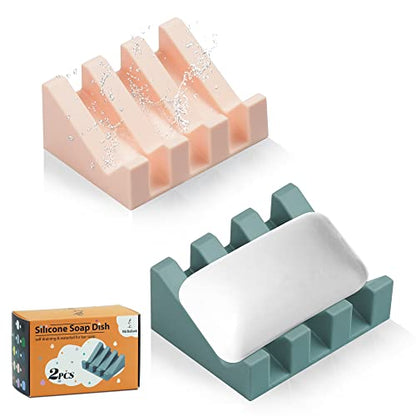 Self Draining Silicone Soap Dish Holder Waterfall Tray, 2 Pack Green Pink | Waterfall design drains fast to keep soap dry, non-slip silicone base anti slide, soap saver for bathroom & kitchen - color: Pink-green, size: 2