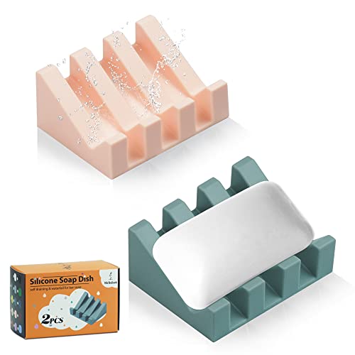 Self Draining Silicone Soap Dish Holder Waterfall Tray, 2 Pack Green Pink | Waterfall design drains fast to keep soap dry, non-slip silicone base anti slide, soap saver for bathroom & kitchen - color: Pink-green, size: 2