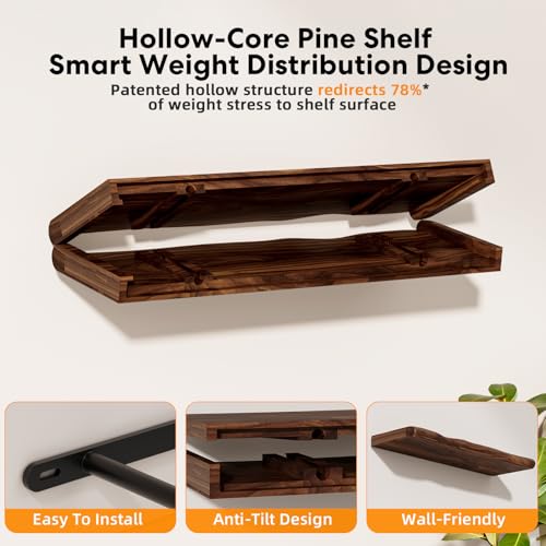 Solid Wood Live Edge Floating Shelves Set of 2 – 24" Rustic Wall Shelf with Hidden Bracket System, Wall Mounted Shelves for Bathroom, Kitchen, Living Room, Bedroom (Walnut) - color: Walnut, size: 24inch