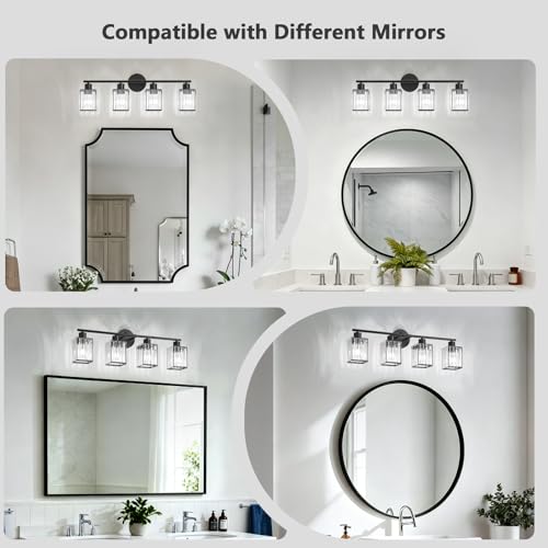4 Light Bathroom Light Fixtures, Modern Crystal Vanity Lights over Mirror | Metal Frame, Bathroom Light with Square Crystal Shade, ETL Certified, E26 Ceramic Socket, Bulbs Not Included - color: Black, size: 4-Light