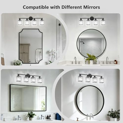 4 Light Bathroom Light Fixtures, Modern Crystal Vanity Lights over Mirror | Metal Frame, Bathroom Light with Square Crystal Shade, ETL Certified, E26 Ceramic Socket, Bulbs Not Included - color: Black, size: 4-Light