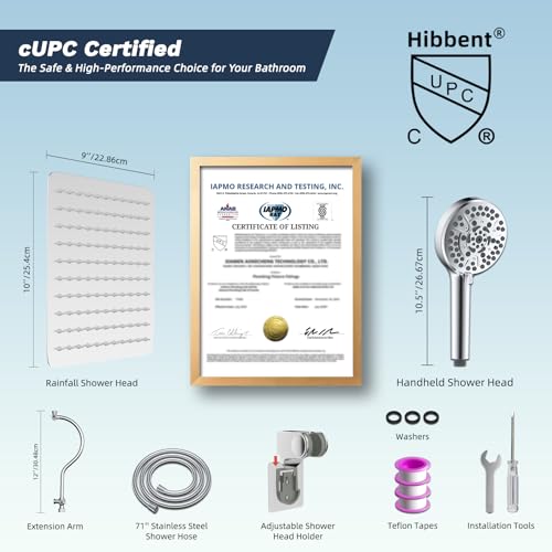 Hibbent All Metal CUPC Certified Shower Head, 10'' High Pressure Rainfall Shower Head, Handheld Showerhead Combo, 12'' Adjustable Extension Arm, 10 Sprays, 71'' Shower Hose, Showerhead Holder, Chrome - color: Chrome, style: Square 10''