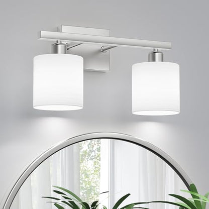 Bathroom Light Fixtures, Bathroom Lighting Fixtures Over Mirror, Classic Vanity Lights, Modern Vanity Light with Textured Frosted Opal White Glass Shades, Brushed Nickel, 2-Light - color: ‎Brushed Nickel, size: 2-Light