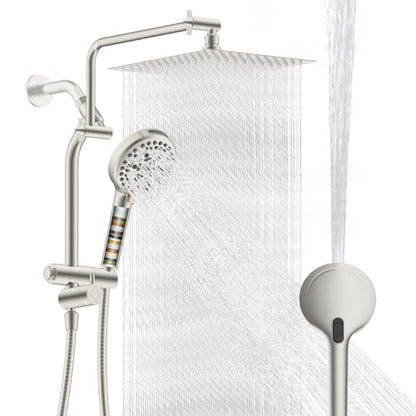 Metal 12" Rain Showerhead with 10-Spray Handheld, Easy Reach 4-way Diverter | Brushed Nickel Finish, Upgraded High Pressure Shower Head with Pause Mode, 71" Stainless Steel Hose/12" Extension Arm - color: Brushed Nickel, style: Square 12"