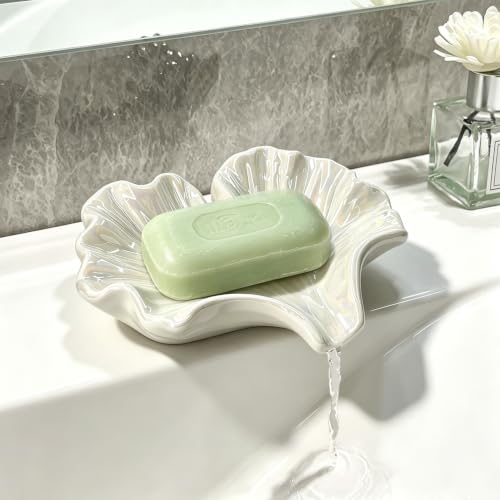 Ceramic Soap Dish with Ginkgo Leaves Design, Self-Draining Soap Tray for Sink, Bathroom, Shower, Small Cute Glazed Holder in White, Easy to Clean