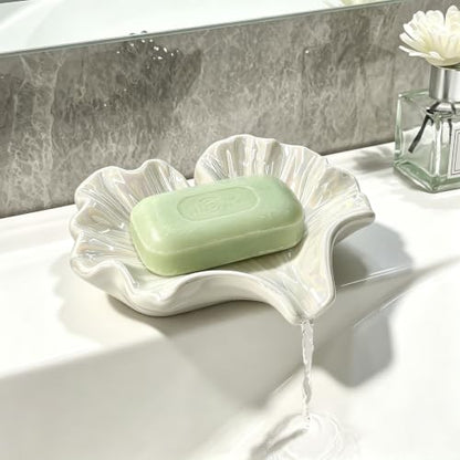 Ceramic Soap Dish with Ginkgo Leaves Design, Self-Draining Soap Tray for Sink, Bathroom, Shower, Small Cute Glazed Holder in White, Easy to Clean
