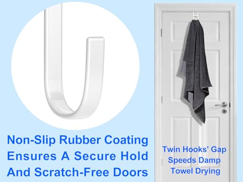 Mars-Rock Double Over Door Steel Hooks 2 Pack Fit 1-3/8" Door 5.5" White | Plastic Coated Rubber Feel Towel Rack Robe Coat Shoe Wreath Hanger No Damage No Scratch for Bathroom Heavy Duty Thin Top
