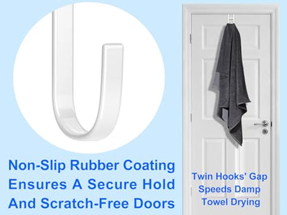 Mars-Rock Double Over Door Steel Hooks 2 Pack Fit 1-3/8" Door 5.5" White | Plastic Coated Rubber Feel Towel Rack Robe Coat Shoe Wreath Hanger No Damage No Scratch for Bathroom Heavy Duty Thin Top