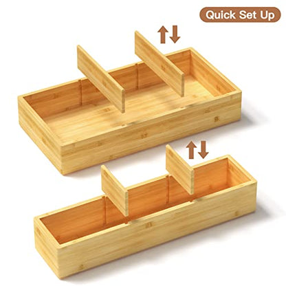 DUJEN Bamboo Drawer Organizer 12.5'' X 12.5'' X 2'', Adjustable 3 Individual Junk Drawer organizer for Bathroom and Kitchen, Wood Drawer Tea Organier Boxes for Silverware, Make up and Tea Bag - size: 1 piece 12.5X6.2 & 2 pieces 12.5X3.1