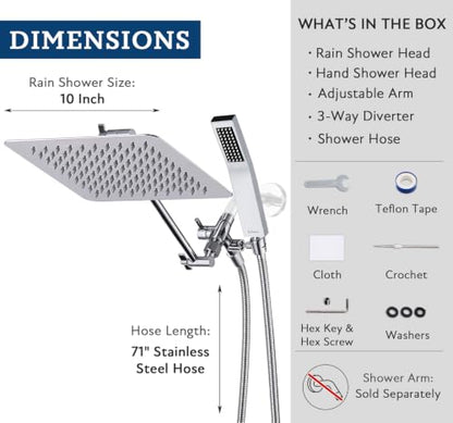 G-Promise All Metal 10" Dual Square Shower Head Combo | Rain Shower Head | Handheld Shower Wand | Adjustable | Smooth 3-Way Diverter | 71" Extra Long Hose - A Bathroom Upgrade (Chrome) | Built to Last, Easy Install, Adjustable Height & Angle for All Heigh