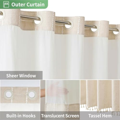 eachope Boho Farmhouse No Hook Shower Curtain Set with Snap-in Fabric Liner,Heavy-Duty Linen Textured Rustic Striped Design,Water-Repellent with Tassels and Sheer Window,Cream/Beige,71x74 | Linen Texture,230GSM Thick Fabric,Hotel Luxury Decor,Mesh Window,