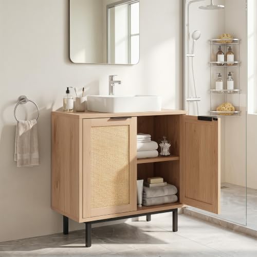 24-inch Pedestal Sink Storage Cabinet, Under Sink Cabinet (Natural) | U-Shaped Cut-Out | 2 Rattan Doors & Shelf | Solid Metal Legs - color: Natural