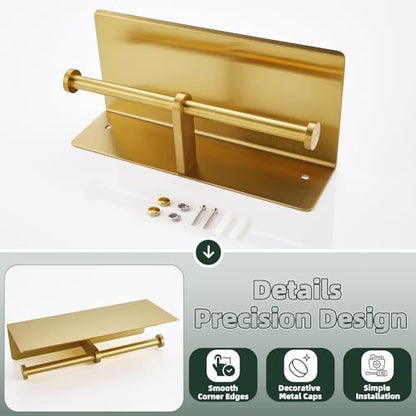 Double Roll Toilet Paper Holder, Brushed Gold, 304 Stainless Steel | Wide Utility Shelf, Phone & Wet Wipe Storage, Modern Bathroom Upgrade, Guest Bath & Family Bathroom Use - color: Brushed Gold, size: Double Rod