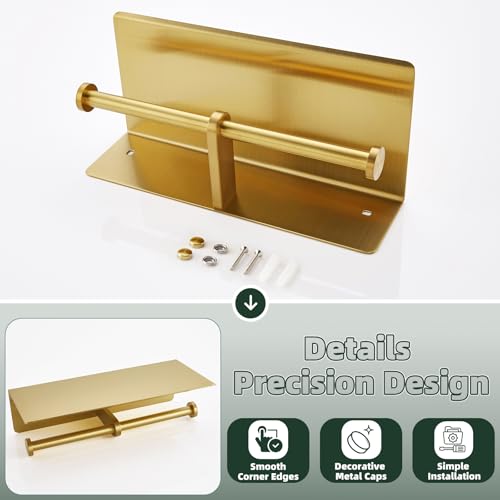 Double Roll Toilet Paper Holder, Brushed Gold, 304 Stainless Steel | Wide Utility Shelf, Phone & Wet Wipe Storage, Modern Bathroom Upgrade, Guest Bath & Family Bathroom Use - color: Brushed Gold, size: Double Rod