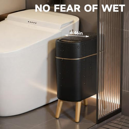 Black and Gold Sensor Trash Can Bathroom,Smart Plastic Wastebasket | Waterproof,Narrow,Motion Sensor, Convenient and Hygienic Easy to Use，2.6 gallon Small Garbage Can for Office,Bedroom,Kitchen - color: Black