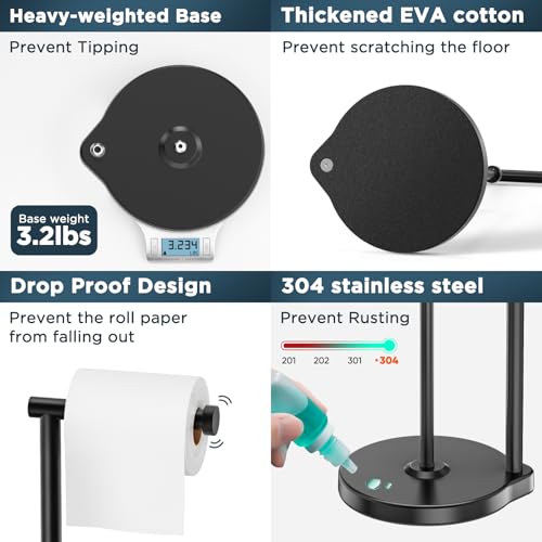 theaoo Heavy-Duty Toilet Paper Holder Stand, Bathroom Storage, Black | Freestanding Toilet Tissue Paper Roll Holder with Reserve Storage. Stainless Steel Stand For Bathroom, Holds Extra Rolls - color: Black