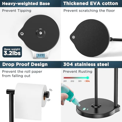 theaoo Heavy-Duty Toilet Paper Holder Stand, Bathroom Storage, Black | Freestanding Toilet Tissue Paper Roll Holder with Reserve Storage. Stainless Steel Stand For Bathroom, Holds Extra Rolls - color: Black