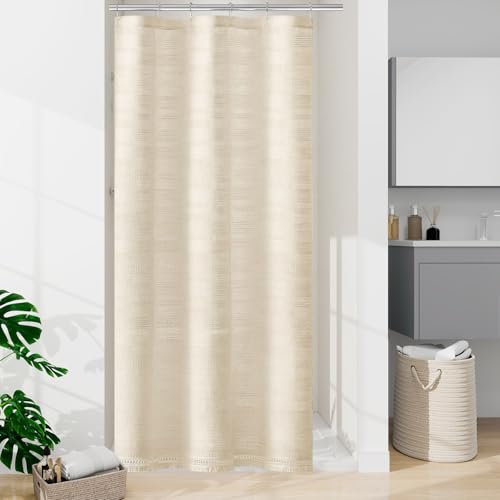 Small Stall Boho Farmhouse Shower Curtain with Tassel, Linen Bohemian French Country Chic Bathroom Shower Curtain Set, Modern Striped Textured Shower Curtain 36x72 - Beige/Cream - color: Beige, size: 36"W x 72"L (Pack of 1)