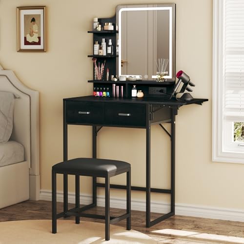 ALEXNUTRE Makeup Vanity Desk with Mirror and Lights, Small Vanity with Fabric Storage Drawer & Chair & Shelves, Vanity with Fold-up Panel and Power Outlet for Bedroom - style: Black