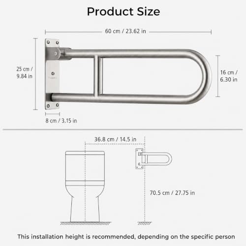Flip UP Toilet Safety Rail Stainless Steel Silver: Modunful Brushed SUS304 Grab Bar with Arm Support - 23.6" Width, 400 lbs Capacity for Elderly, Disabled, Bathroom, Wide Base - color: S-2931.Silver