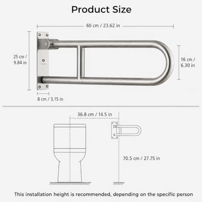 Flip UP Toilet Safety Rail Stainless Steel Silver: Modunful Brushed SUS304 Grab Bar with Arm Support - 23.6" Width, 400 lbs Capacity for Elderly, Disabled, Bathroom, Wide Base - color: S-2931.Silver