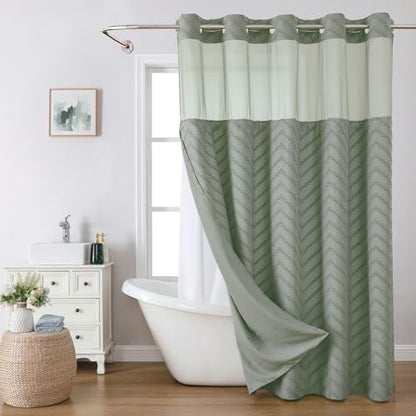 eachope No Hook Tufted Chevron Striped Shower Curtain with Snap-in Fabric Liner set-71Wx74H(72H),Sage Green Hotel Grade Boho Style Shower Curtain with See Through Top Window,Water Repellent - color: Sage Green, size: 71"W x 74"L (Pack of 1)