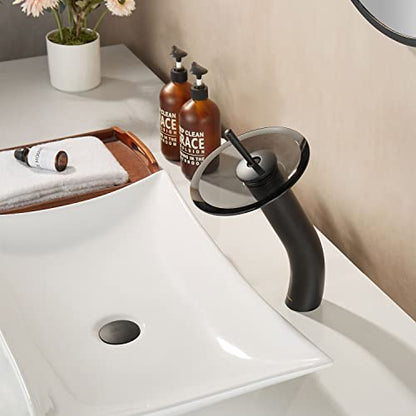 Waterfall Bathroom Faucet Glass Single Handle Solid Brass Basin Lavatory Vessel Sink Vanity Faucet, Tall, Black - color: Black
