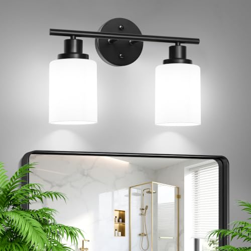 2 Light Bathroom Light Fixtures, Modern Vanity Lights with Milky Glass Shade, Black Wall Lamp Over Mirror for Bathroom, Living Room, Cabinet, Bedroom, E26 Base - color: Black & Milky White Glass, size: 2 Light