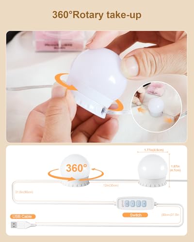 10 Bulbs LED Vanity Lights for Mirror, 3000K 4000K 6500K & 10-Brightness, Wire Length Adjustable, USB Cable, Hollywood Mirror Lights for Makeup Dressing Room Bathroom, White - size: 10 Dimmable Bulbs