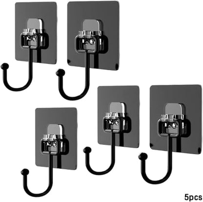 5 PCS Towel Racks for Bathroom,Adhesive Wall Hooks with Sticky Backing,Matte Black Stainless Steel for Hanging Robe and Coat