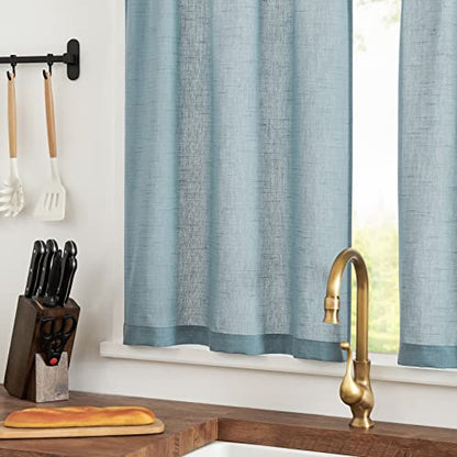 jinchan Kitchen Curtains and Valances Set 3 Pieces Linen Tiers and Valance 24 Inch Cafe Curtains with Valance Rod Pocket Farmhouse Small Drapes Set Rustic Country for Laundry Room Bathroom Blue | Light filtering, rod pocket, cafe curtains, farmhouse, mach