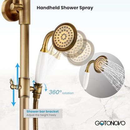 gotonovo Exposed Shower System with Spout,Antique Brass,No Shower Shelf | Brass Shower Faucet Set,8’’ Rain Head with Handheld Spray,Swivel Tub Spout,2 Cross Handle,6’’ Hole Distance,Adjustable Height - color: Antique Gold