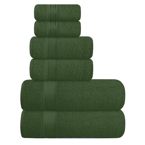 Ultra Soft 6 Pack Cotton Towel Set, Contains 2 Bath Towels 28x55 inch, 2 Hand Towels 16x24 inch & 2 Wash Coths 12x12 inch, Ideal Everyday use, Compact & Lightweight - Olive Green - color: Olive Green