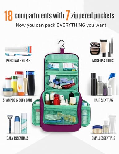 VENTURE 4TH Hanging Travel Toiletry Bag, 18 Compartments - Purple/Mint | Hangs on rails, hooks or doors; stands upright. Removable TSA pouch. Water-resistant Nylon 290D Twill, reinforced stitching. - color: Purple/Mint
