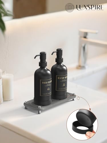 Luxspire 17 oz Glass Liquid Soap Dispenser Set, Black + Dark Gray, 2 Pack | Anti-drip pump, wide mouth easy refill, non-slip silicone base, 7 waterproof labels, refillable glass for hand dish soap - color: Black+gray