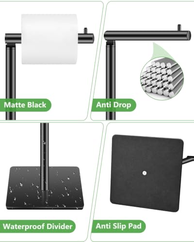 Free Standing Toilet Paper Holder, Bathroom Toilet Paper Stand with Shelf Hold 4 Paper Rolls, Modern Square Base Tissue Roll Storage Holder, Black, Naturous